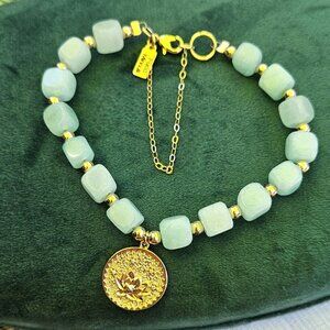 SALE!! Lotus Charm, Natural Aquamarine Sunstone Bead Bracelet